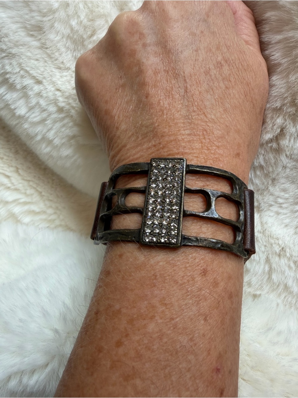 ReBel Designs Brown Leather Crystal Statement Cuff Bracelet